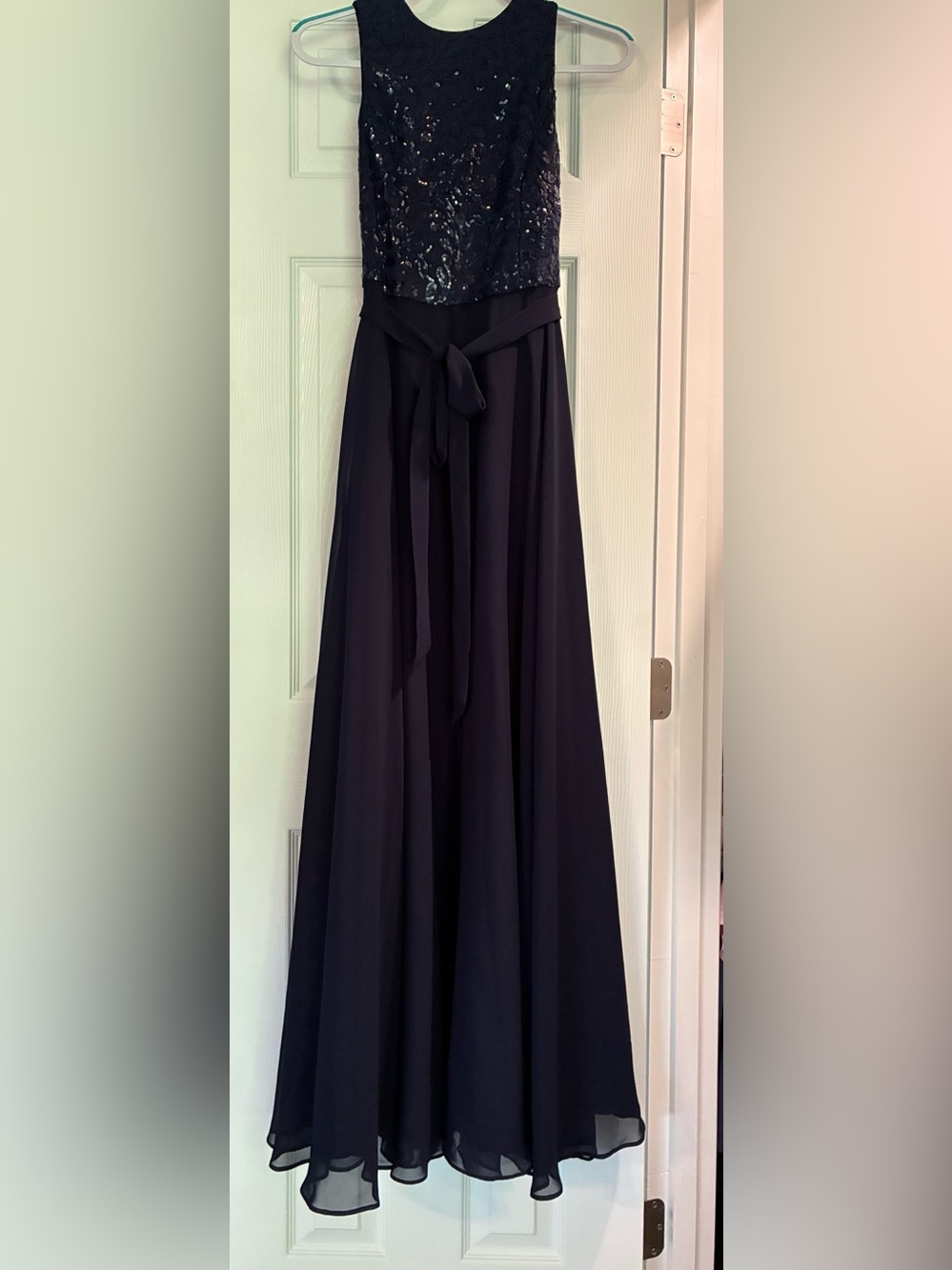 Calvin Klein Navy Blue Sequin Bodice Gown with Waist Tie